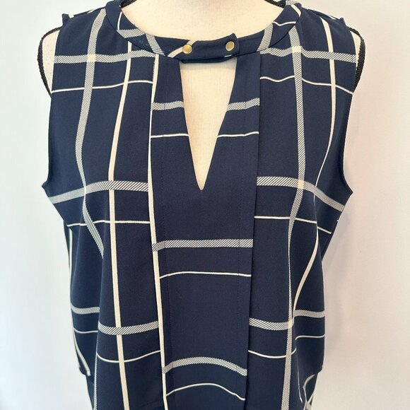 Zara Basic Navy  Blue Work Wear Blouse Top Snap Neck Collar Large Stripes - Picture 1 of 6